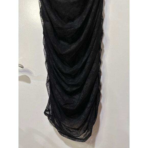 For Love & Lemons Poison Ruched Black Dress Size 1X NWT Stretch Jacquard Lace - Picture 9 of 15